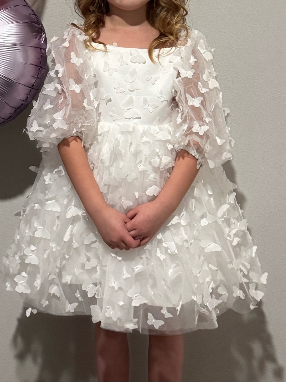 White Butterfly Appliqué Puff Sleeve Dress